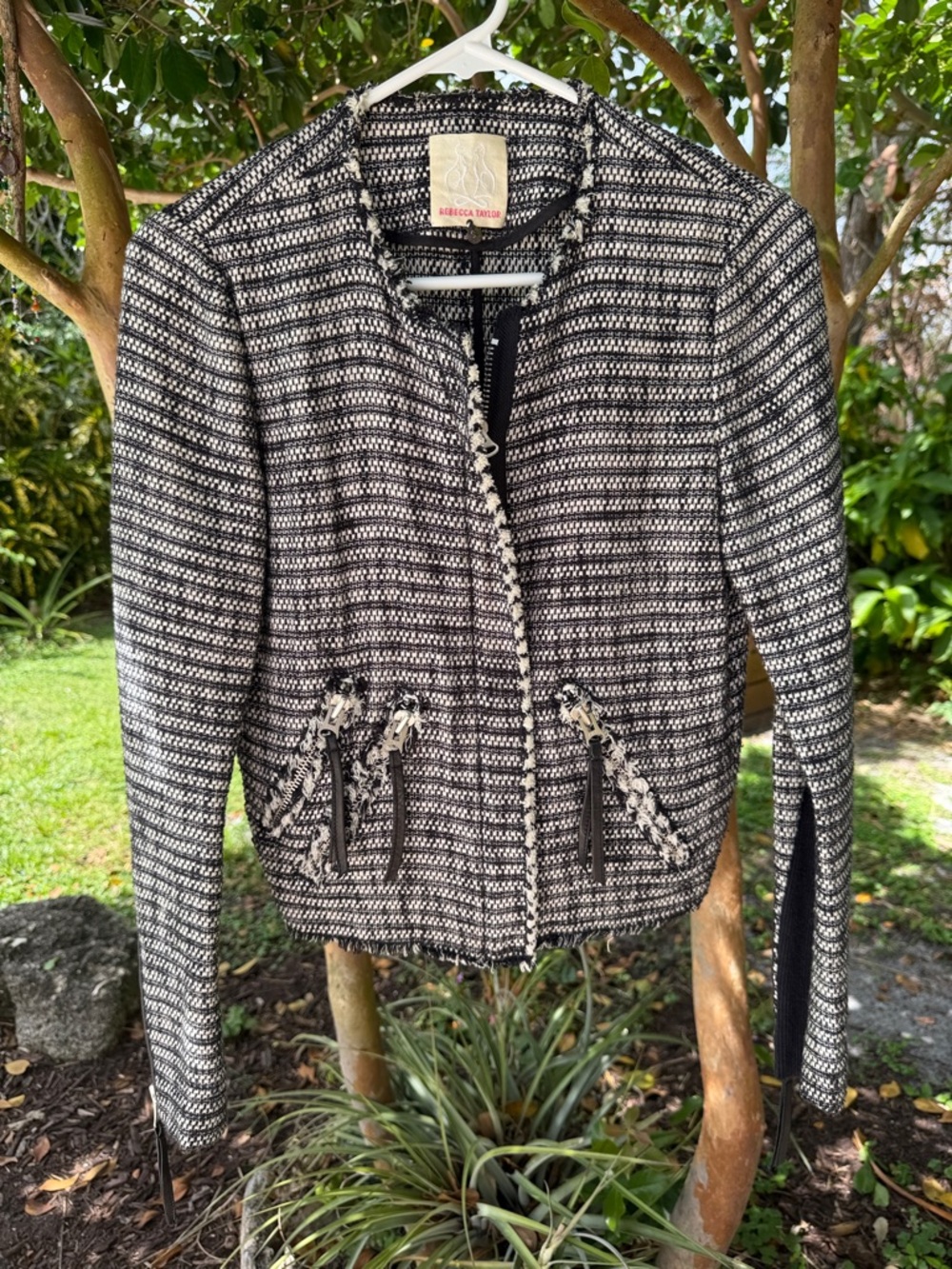 Rebecca Taylor Jacket tweed leather trim zipper legally blonde 2000s classic Y2K